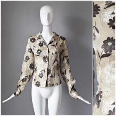 vtg 90s Day2Day gold and brown floral print button down metallic blouse | old school 1990s long sleeve shirt | M Medium 2000s 