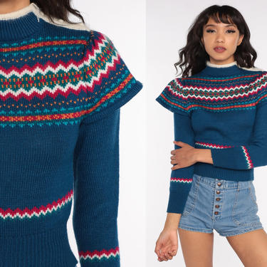 80s Puff Sleeve Sweater Fair Isle Cropped Sweater Blue Striped Sweater Knit Sweater Crop Pullover Sweater 1980s Vintage Extra Small xs 
