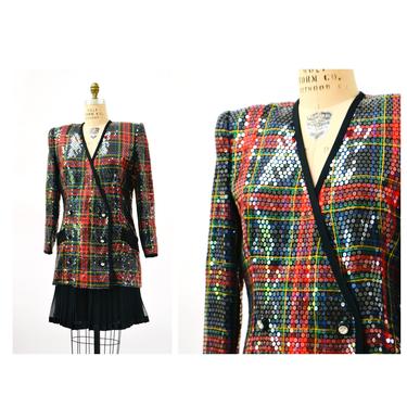 80s 90s Vintage Black Red Plaid Sequin Jacket Skirt Large Christmas Xmas Holiday Party Sequin Jacket Blazer Black Red Sequin Suit Large XL 