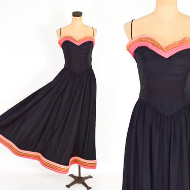 1940s Black Evening Gown  | 40s Black Taffeta Formal Dress | Stripe Trapunto Trim | Medium 