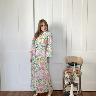 1970s Chiha Dayglo Floral Caftan Bell Sleeve House Dress 