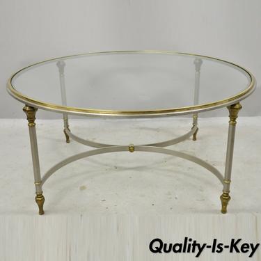 Maison Jansen Style Italian Neoclassical Steel Brass Round Cocktail Coffee Table