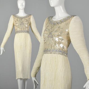 Small 1970s Mary McFadden Couture Pleated Dress Long Sleeve Beaded Sequins Broomstick Pleats Wedding Formal New Years Vintage Dress 