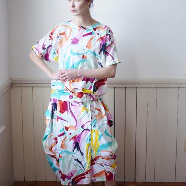Vintage 1980s Escada Tropical Bird Print Dress Set | M-L | 1980s/1990s Escada Margaretha Ley Cotton Knit Blouse and Skirt 