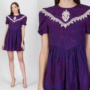 80s Gunne Sax Purple Fit & Flare Party Dress, As Is - XXS | Vintage Lace Trim Puff Sleeve Girly Mini Costume Dress 