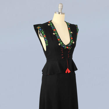 RESERVED -- 1940s Skirt and Top Set / 30s 40s Embroidered Dirndl Vest Top and Crepe Skirt 