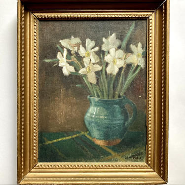 Sweet Antique Art Deco Daffodils Floral Still Life Painting, Artist Signed Ivall 