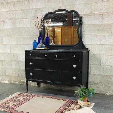 LOCAL PICKUP ONLY Vintage Dresser Retro 1940s Painted Black Carved Wood + Spindled Legs on Castors + Detachable Mirrored Dresser for Clothes 