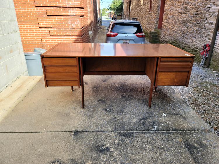 Mid-century Modern Walnut Desk with Laminate Top and Caning
