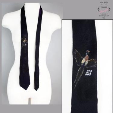 30's Black DUCK Men's Tie, Hand Painted Silk, Hunting Pheasant Bird Mallard Duck Necktie 1930's, 1940's WWII Mans Suit Vintage Tie, Art Deco 