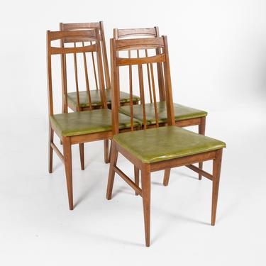 Bassett Style Mid Century Walnut and Green Vinyl Dining Chairs - Set of 4  - mcm 