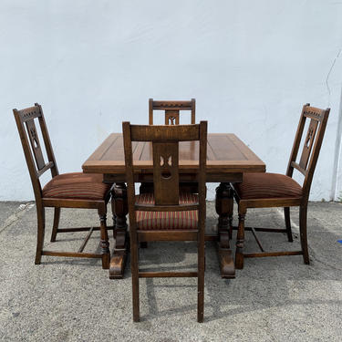 7pc Antique Wood Dining Set Wood Table 4 Chairs Extending Leaf Seating Traditional Vintage Country Farmhouse Arts and Crafts Jacobean 