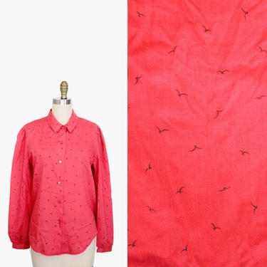 Vintage Bird Novelty Print Blouse - Silhouette - Long Sleeve - Button Up Blouse - Birds Pattern Top - Collar Blouse - Red - Women's Large 