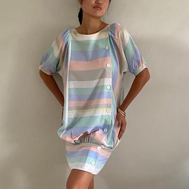 80s striped cotton dress / vintage pastel awning stripe cotton puffed batwing side button up dropped waist mini sack bubble dress | M 
