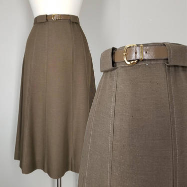 Vintage 50s Brown Panel Skirt, Medium / 1950s Flared Belted Skirt / Woven Day Skirt / Classic Midcentury Skirt / Neutral A Line Midi Skirt 