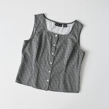 vintage sleeveless button front crop top, black & white floral print, size S / M 