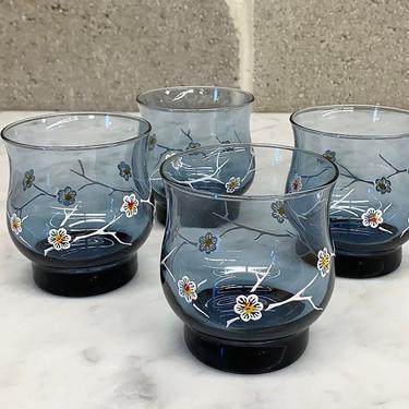 Vintage Water Glasses Retro 1980s Libbey + Smokey Blue Glass + Dogwood Flowers + Hand Painted + Set of 4 + Kitchen Decor and Drinking 
