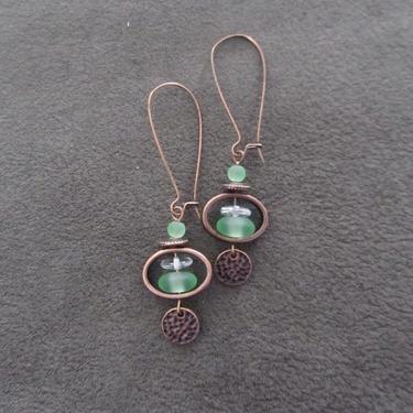 Copper dangle earrings, bling, sea glass earrings, artisan rustic earrings, ethnic earrings, boho chic earrings, unique earrings, green 