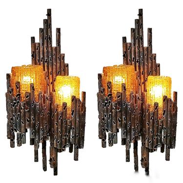 MARCELLO FANTONI TORCH CUT BRONZE SCONCES WITH AMBER MURANO GLASS SHADES (PAIR)