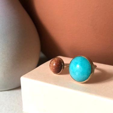 Amazonite and Goldstone Open Topped Big Little Ring 