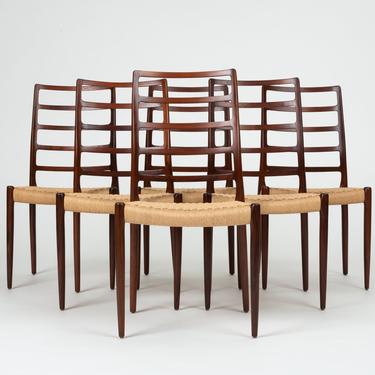 Set of Six Rosewood and Danish Cord Møller Ladderback Model 82 Dining Chairs