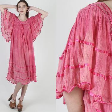 Pink Angel Sleeve Gauze Dress / Thin Big Sleeve Cotton Dress / Crochet Ribbon Trim Dress / Vintage 80s Kimono Tie Dye Grecian Maxi Dress 