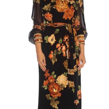 1980S Leonard Black  Brown Silk Jersey Dress With Chiffon Sleeves Belt 