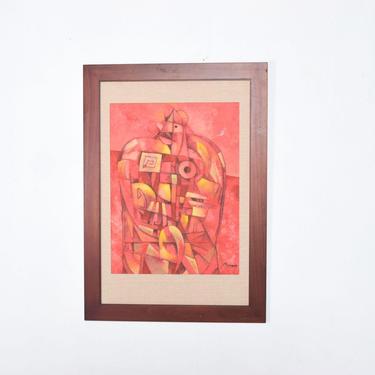 Mexican Modernist Byron Galvez Abstract Expressionism Mixed Media Art Pink Rooster 