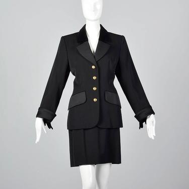 Medium Yves Saint Laurent Rive Gauche Winter Separates Black Skirt Suit Velvet Trim French Cuffs Femme Fatale Power Suit 