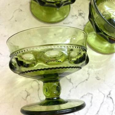 Set of 4 Vintage Depression Glass In Olive Avocado Green Ice Cream Goblets or Cups for Dessert, Sherbet, Thumb Print Mid Century Pattern by LeChalet