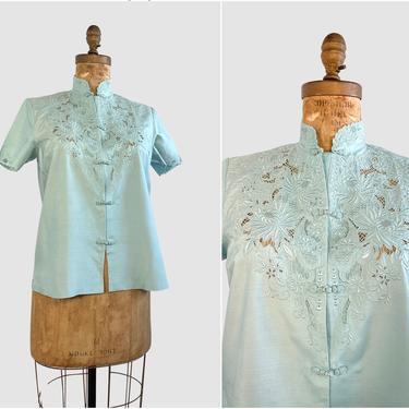 SILK ROAD Vintage 70s Chinese Hand Embroidered Blue Blouse | 1970s Dead Stock Asian Top with Floral Open Embroidery Work | Size Medium Large 