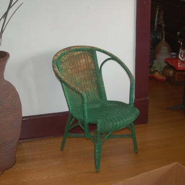 Antique French Rattan Wicker Unusual Half Hoop / Horseshoe Shoulder Chair w/ Green Patina / Paint Remnants ~ Beautiful, Sturdy, Strong ~ VG 