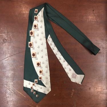 Vintage 1950s Green and Brown Geometric Print Rockabilly Swing Tie, 1940s Tie, 1950s Tie, Vintage Shirt, Vintage Tie, Vintage Clothing 