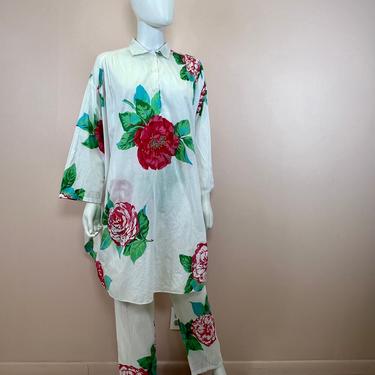 Vtg 1980s Clovis Ruffin 2pc cotton floral pant set 