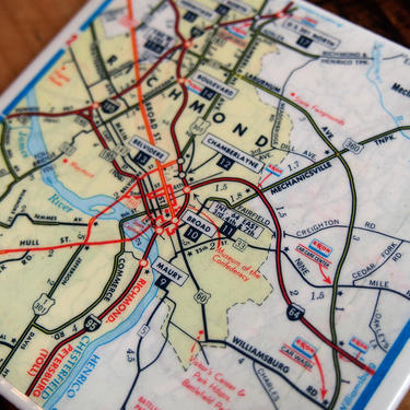1976 Richmond Virginia Handmade Repurposed Vintage Map Coaster - Ceramic Tile - Repurposed 1970s Exxon Road Map - University of Richmond 