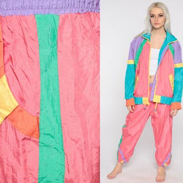 90s Tracksuit Color Block TWO PIECE Track Jacket + Pants Outfit Windbreaker Jogging Pants Track Suit Sports Athletic Vintage Pink Large 