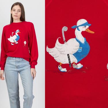 80s Golfing Duck Sweatshirt - Men's Small, Women's Medium | Vintage Red Raglan Sleeve Animal Graphic Pullover 