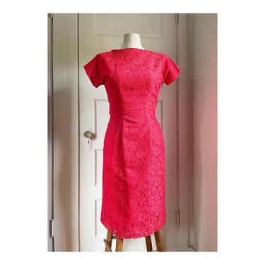 1950s Little Red Lace Dress with boat neck and two back bows by Junior Society- size med 