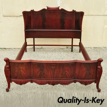 Antique Flame Mahogany Carved "Swan" French Style Full Size Bed Frame