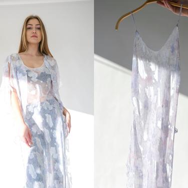 Vintage 80s Blanche Floral Satin Burnout Peignoir Slip & Bolero Set | Made in USA | Bridal, Romantic, Lingerie | 1980s Designer Nightgown 