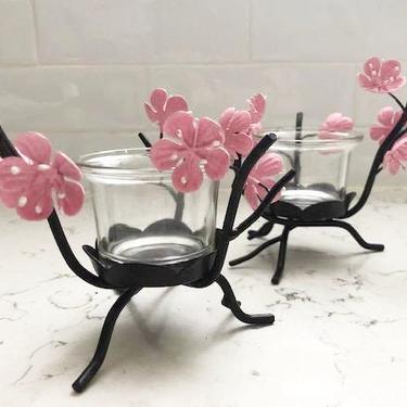 One Pair of Vintage Party lite Cherry Blossom Pink Flower Black Metal Votive Candle Light Holders, Antique Anniversary Gift Candle Holder by LeChalet