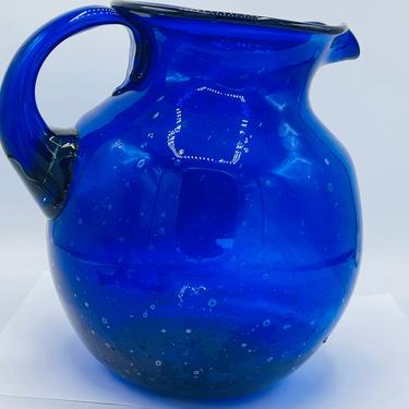Vintage  Handmade Blown Cobalt Blue Ball shaped  Cobalt blue  glass pitcher Pitcher with applied handle  Glass - 9&quot; 