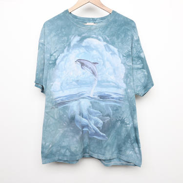 vintage 1990s tie dye FROLICKING DOLPHINS men's oversize aqua blue short sleeve t-shirt top -- size xl 