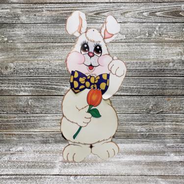 Vintage 1980s Beistle Harvey Bunny, Easter Bunny Door Wall Hanging, Diecut Jointed 30&amp;quot; Poseable White Rabbit With Tulip, Vintage Holiday 