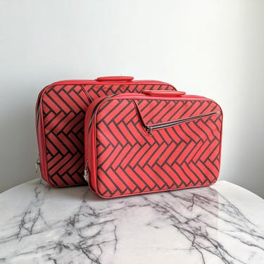 vintage 60's carry-on luggage suitcase set in red and black by BetaGoods