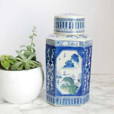 Blue &amp; White Porcelain Octagon Canister Chinoiserie Jar Blue and White Asian Vase by PursuingVintage1