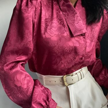 vintage 70s 80s paneled jacquard floral statement collar bishop sleeve blouse 