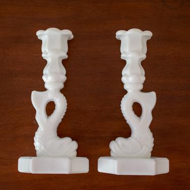 Pair of Westmoreland Milk Glass Dolphin / Fish Candlestick Holders 