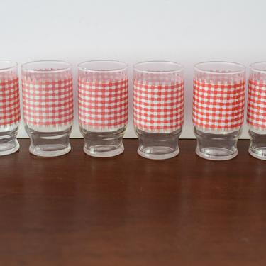 Vintage Set of 6 Red and White Gingham Juice Glasses 