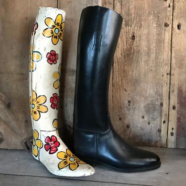 1970 English Riding Boot, Tom Hill London, Flower Power Painted Wood Boot Tree, Home Decor, Equestrian Stable Prop 